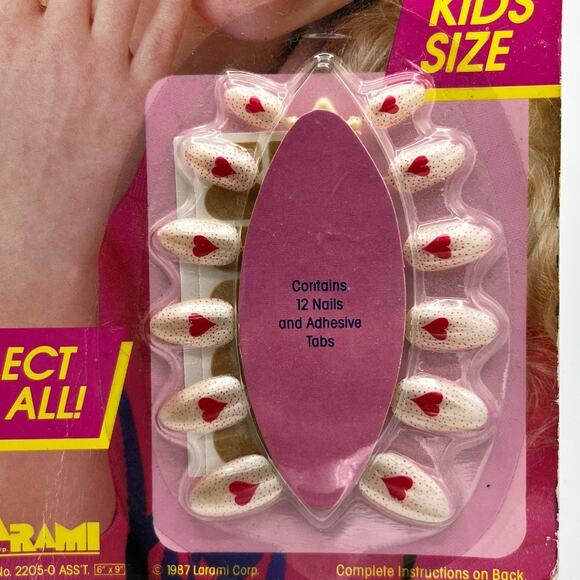 Vintage 80s Kids Press On Fake Nails Hot Nails White with Red Hearts Dots - Picture 3 of 3